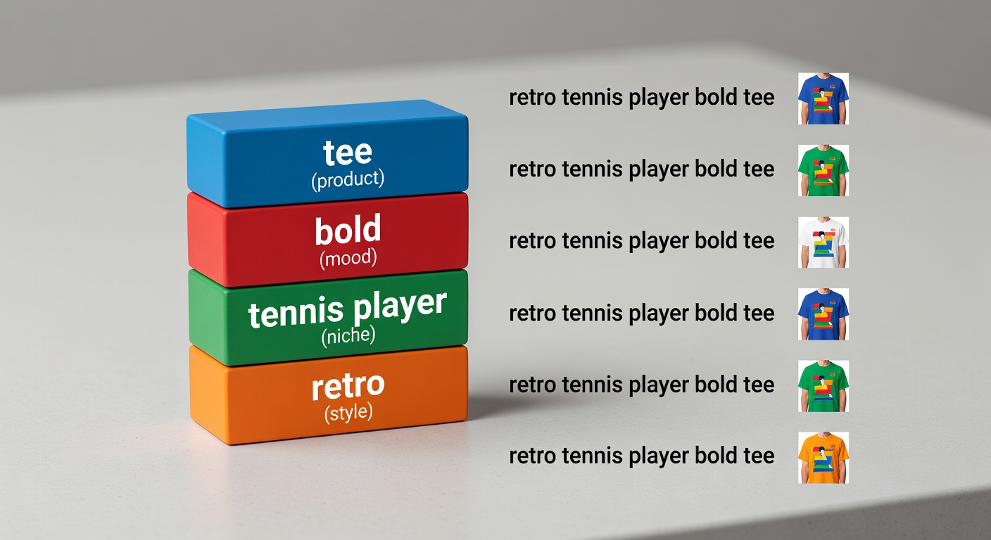 Visual breakdown of niche stack formula showing four blocks—'retro' (style, orange), 'tennis player' (niche, green), 'bold' (mood, red), 'tee' (product, blue)—with 6 example combinations like 'retro tennis player bold tee' and resulting design thumbnails (30 words)