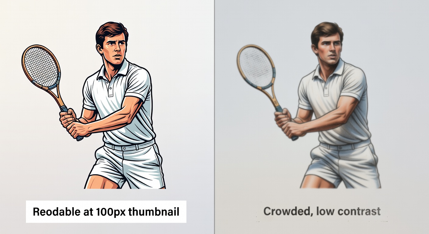 Side-by-side comparison of high-quality vs low-quality tennis player designs: Left—sharp retro racket with even spacing, high contrast, labeled 'Readable at 100px thumbnail'; Right—blurry vintage player with overlap, labeled 'Crowded, low contrast' (28 words)