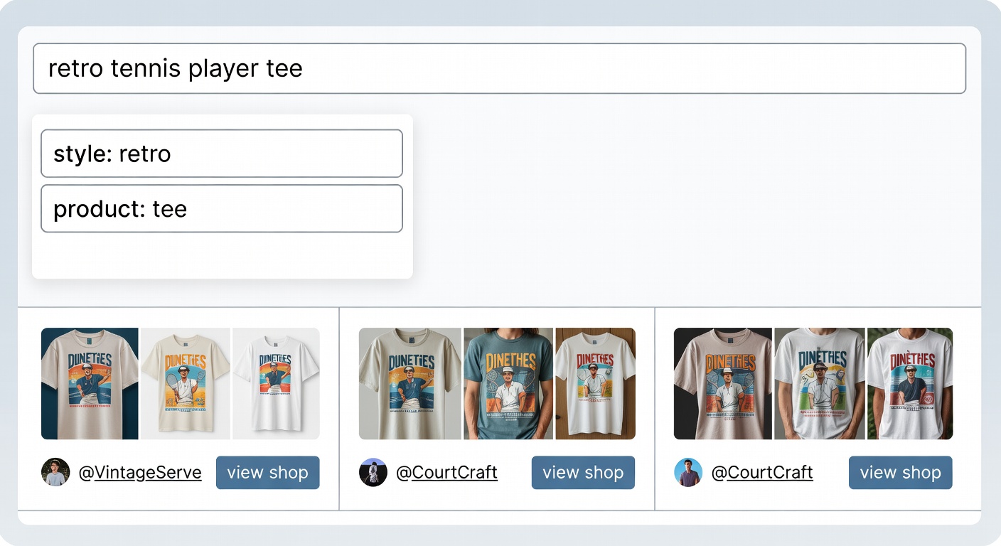 Screenshot-style mockup of shop interface: Top—search bar with 'retro tennis player tee'; Middle—filters open (style: retro, product: tee); Bottom—3 product cards with creator profile links and 'view shop' buttons (32 words)