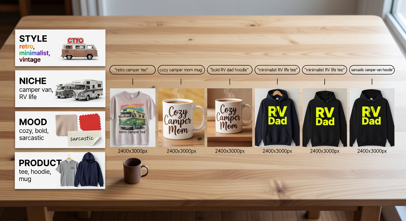 Visual breakdown of search formula components including style (retro, minimalist, vintage), niche (camper van, RV life), mood (cozy, bold, sarcastic), and product (tee, <a href=
