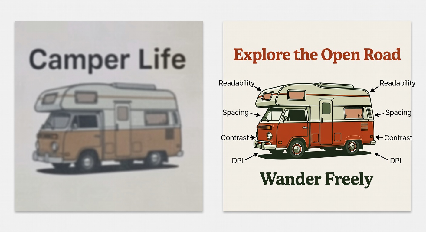 Side-by-side comparison of camper design thumbnails at 300x300px: left low-quality (blurry 'Camper Life' text, overlapping van graphic, dull colors, poor spacing); right high-quality (sharp vintage camper van at 2400x2400px, balanced layout, high contrast earth tones, readable quote); labeled callouts for readability, spacing, contrast, and DPI