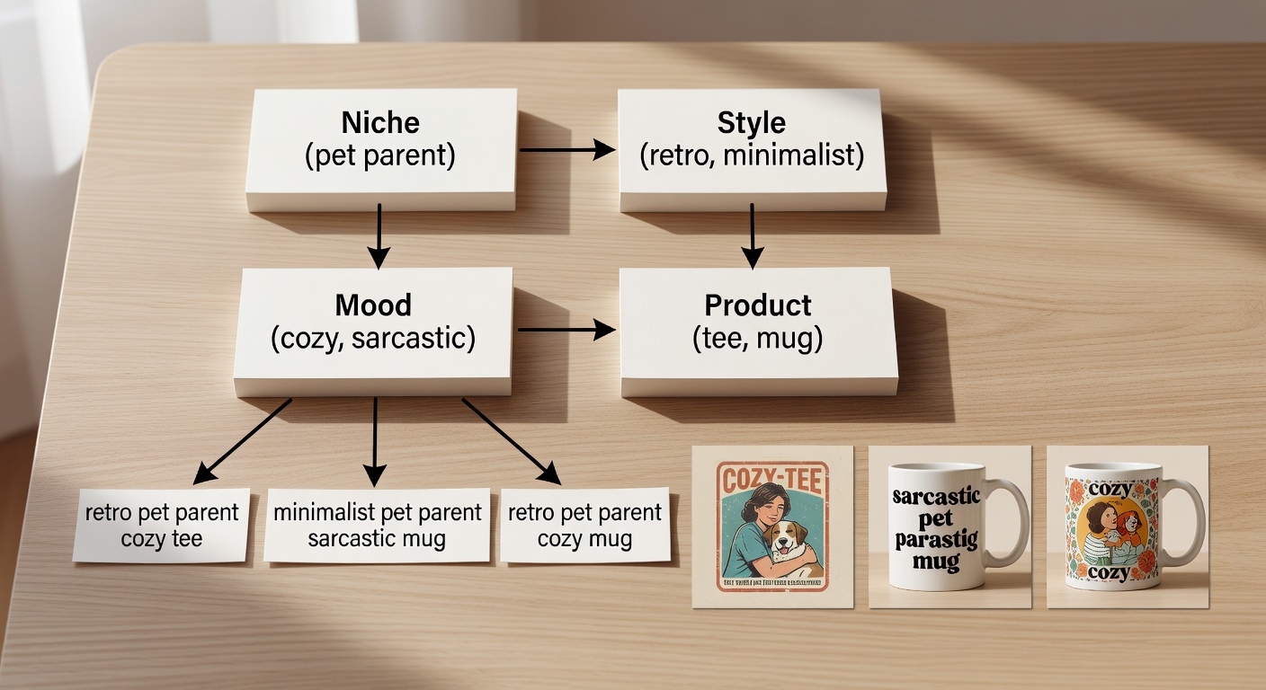Visual breakdown of a search formula diagram with four connected boxes labeled 'Niche (pet parent)', 'Style (retro, minimalist)', 'Mood (cozy, sarcastic)', '<a href=