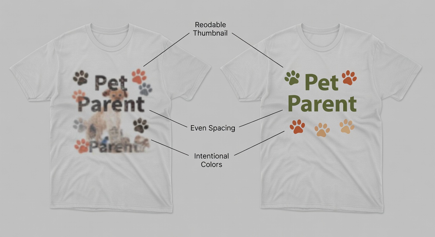 Side-by-side comparison of two pet parent tee mockups: left low-quality with blurry text, crowded elements, poor contrast; right high-quality with crisp 300 DPI text, balanced spacing, high-contrast earth-tone palette, and labeled callouts for 'Readable Thumbnail', 'Even Spacing', 'Intentional Colors' (42 words)
