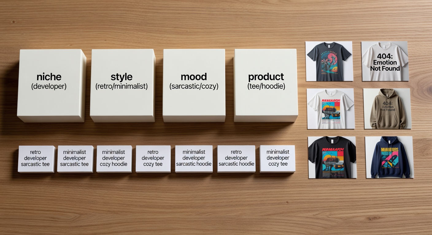Visual breakdown of search formula components showing four blocks - 'niche (developer)', 'style (retro/minimalist)', 'mood (sarcastic/cozy)', 'product (tee/hoodie)' with 6 example combinations like 'retro developer sarcastic tee' and resulting thumbnail previews (20 words min)