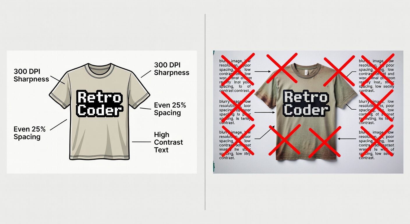 Side-by-side comparison of high-quality vs low-quality developer design thumbnails: left shows 'Retro Coder Tee' with labeled callouts for 300 DPI sharpness, even 25% spacing, high contrast text; right shows blurry crowded low-res example with red X marks (30 words)