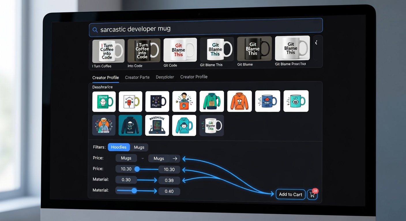 Screenshot-style mockup of marketplace interface: top search bar with 'sarcastic developer mug' results, middle creator profile tab open showing 12 designs, bottom filter panel <a href=