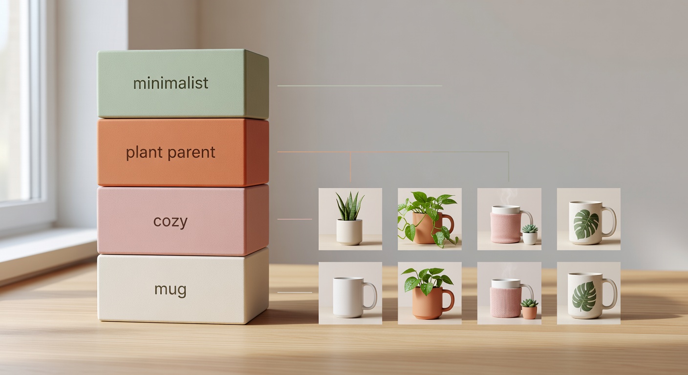 Visual breakdown of a plant parent search formula showing components like 'minimalist' (style), 'plant parent' (niche), 'cozy' (mood), '<a href=