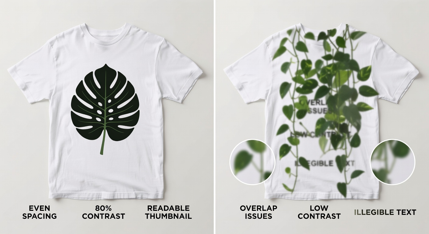 Side-by-side comparison of high-quality vs low-quality plant parent designs: left shows crisp minimalist monstera tee (labeled: even spacing, 80% contrast, readable thumbnail); right shows blurry crowded pothos (labeled: overlap issues, low contrast, illegible text) with zoom-ins