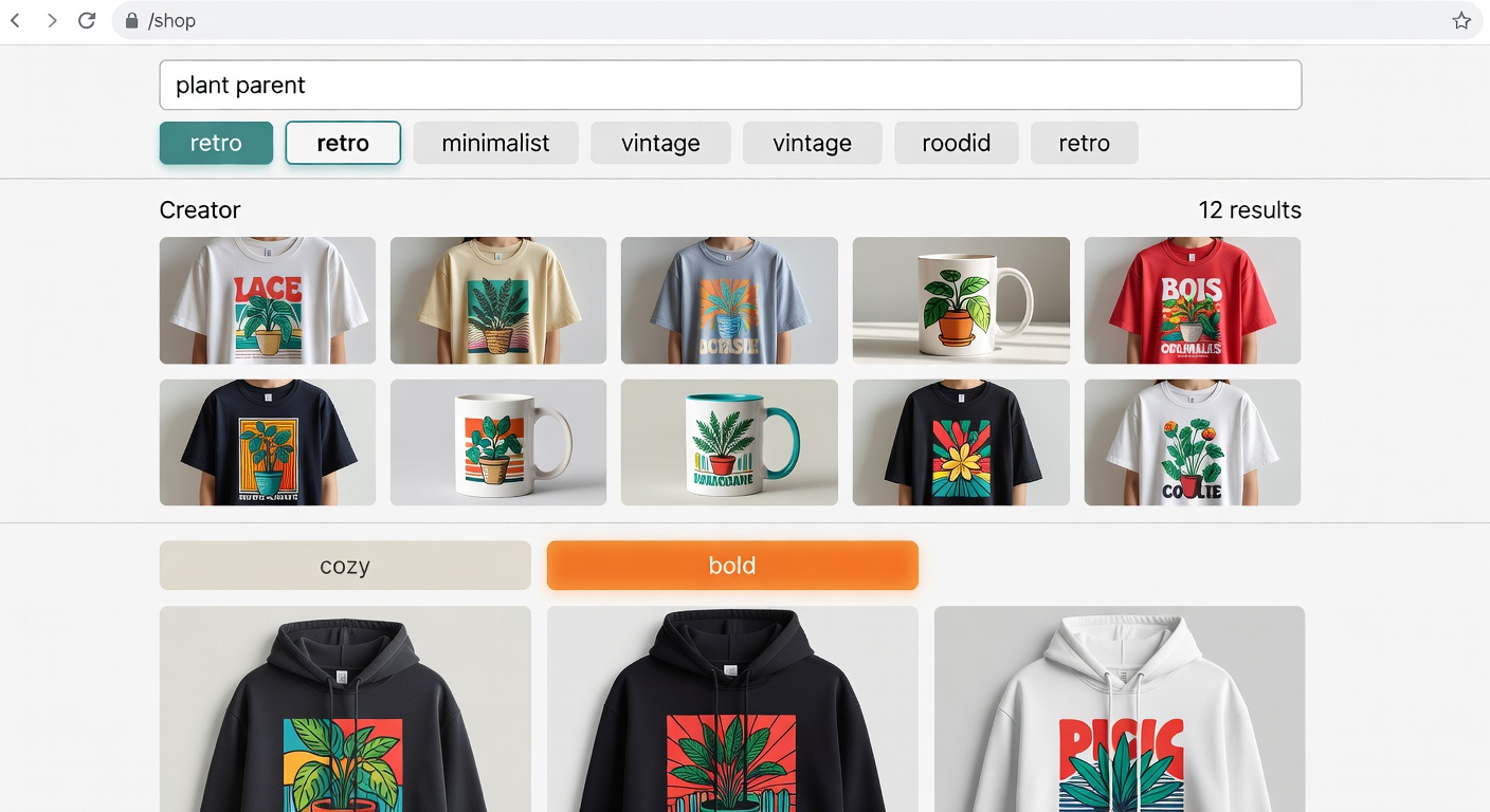 Screenshot-style mockup of MerchHarbor browsing interface: top shows /shop with 'plant parent' search and style filters applied (retro selected, 12 results); middle shows creator profile with 8 thumbnails; bottom shows pivot from 'cozy' to 'bold' yielding 3 hoodies