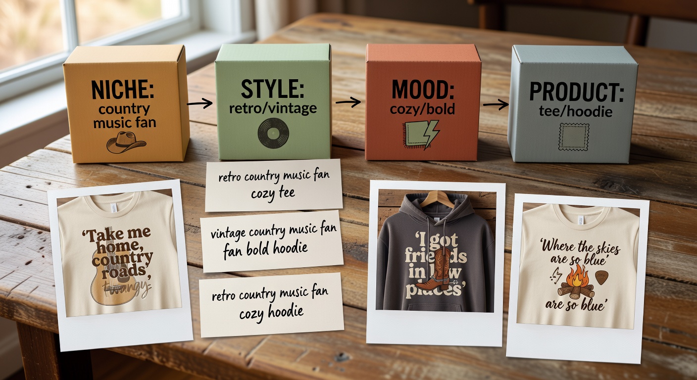 Visual breakdown of a search formula for country music fan designs, showing four components as labeled blocks—niche (country music fan), style (retro/vintage), mood (cozy/bold), product (tee/hoodie)—with three example combinations like 'retro country music fan cozy tee' yielding thumbnail previews of guitar motifs and lyric quotes