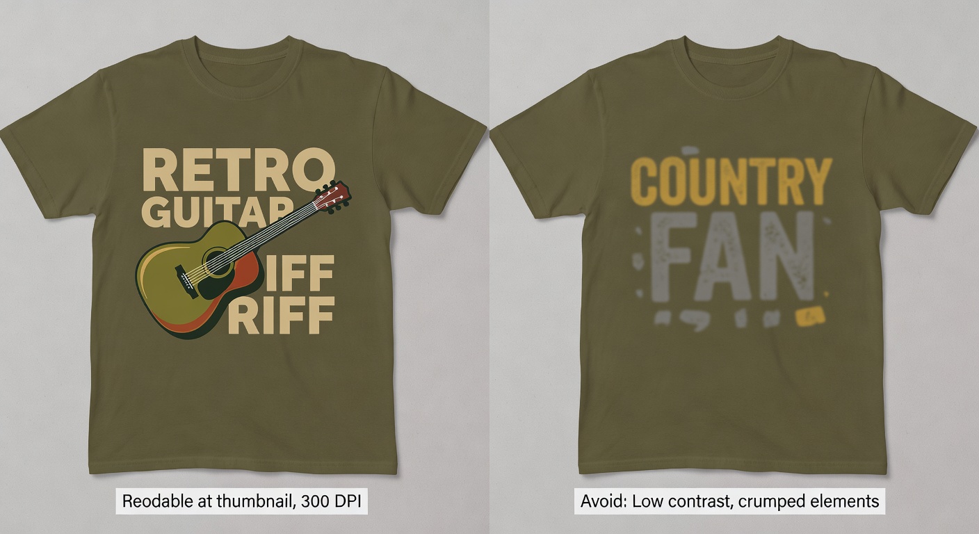 Side-by-side comparison of high-quality vs low-quality country music fan tee designs; left: sharp 'retro guitar riff' with even spacing, high contrast earth tones, balanced layout labeled 'Readable at thumbnail, 300 DPI'; right: blurry crowded 'country fan' text with poor colors labeled 'Avoid: Low contrast, cramped elements'
