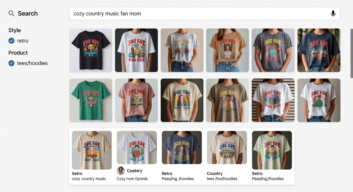Screenshot-style mockup of the marketplace browsing interface on desktop; top search bar with 'cozy country music fan mom' entered, sidebar filters for style (retro selected) and product (tees/hoodies), grid of 12 product thumbnails below with one expanded creator profile showing 5 similar designs