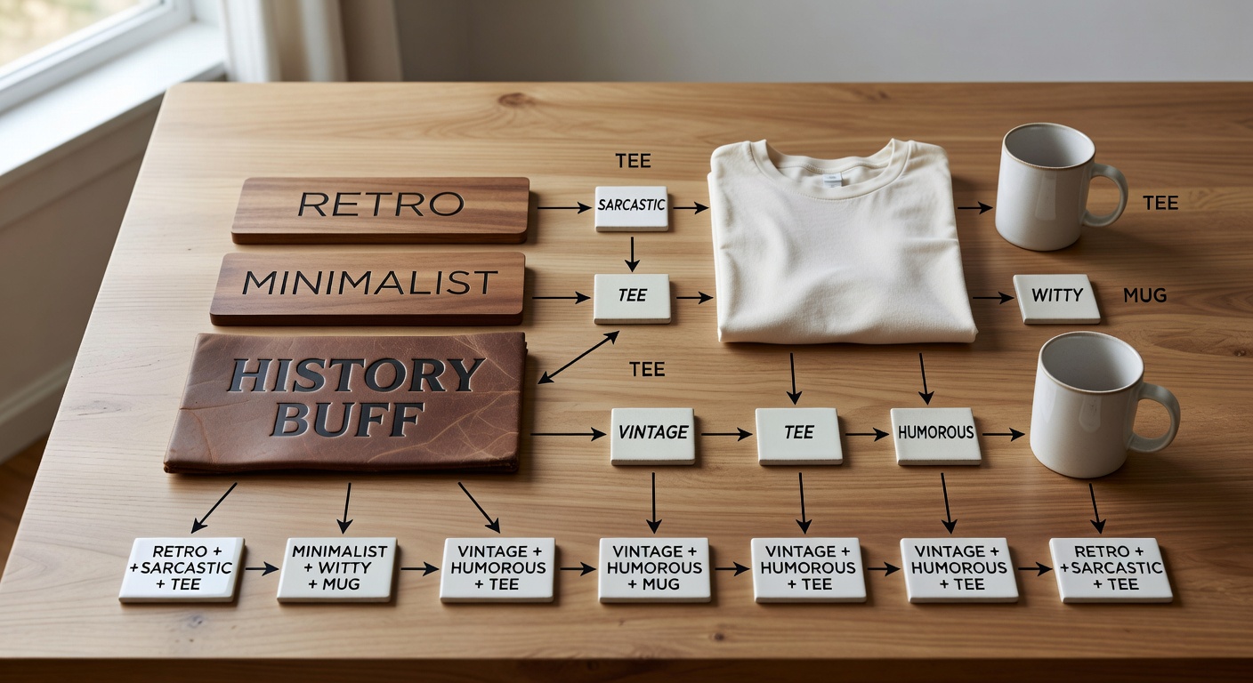 Visual breakdown of search formula components showing 'history buff' as core niche, stacked with style words like 'retro' or 'minimalist', mood words like 'sarcastic', and <a href=