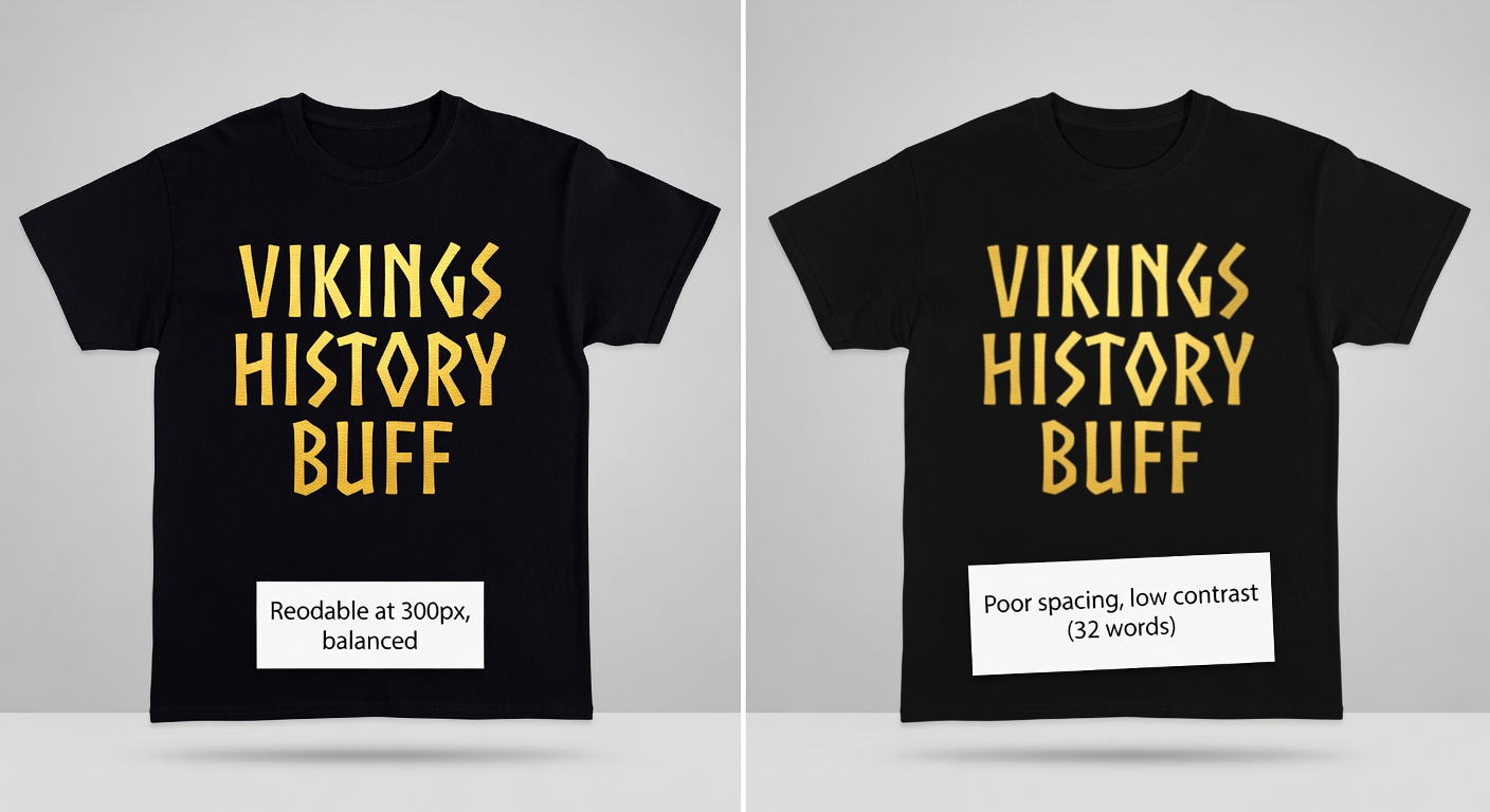 Side-by-side comparison of high-quality vs low-quality history buff designs: left shows crisp 'Vikings History Buff' tee thumbnail with perfect spacing, high contrast gold runes on black, labeled 'Readable at 300px, balanced'; right shows blurry overlapping text example labeled 'Poor spacing, low contrast' (32 words)