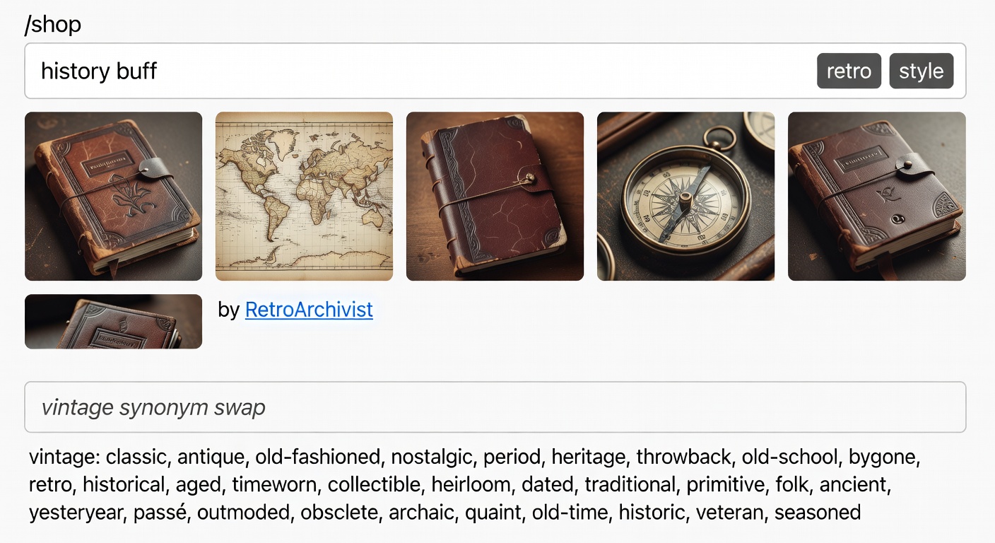 Screenshot-style mockup of marketplace browsing interface on /shop page: top shows 'history buff' search with filters applied for 'retro' style, middle displays 6 product thumbnails with creator profile link highlighted, bottom shows pivot search bar with 'vintage synonym swap' example (38 words)
