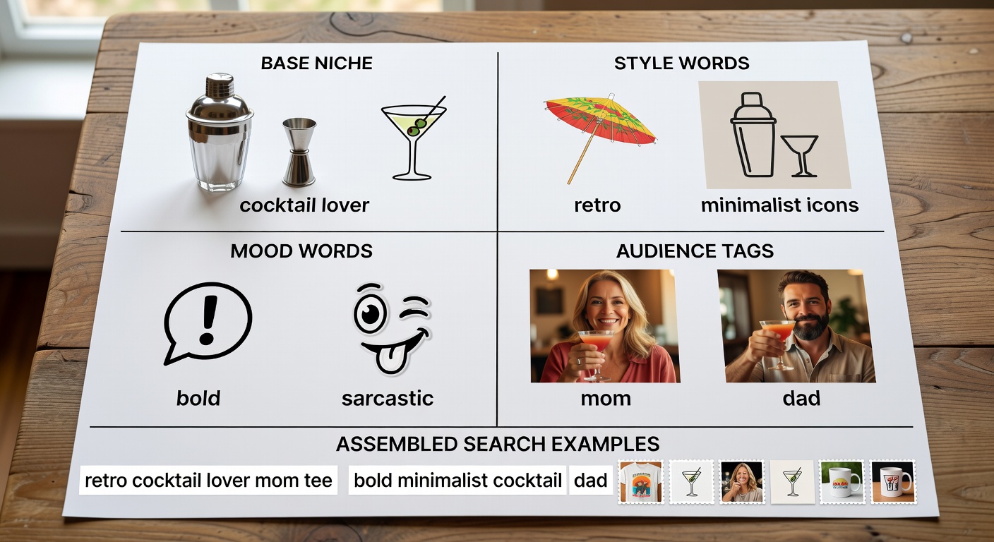 Visual breakdown of search formula components showing four quadrants: 'cocktail lover' as base niche, style words (retro, minimalist icons), mood words (bold, sarcastic with example icons), and audience tags (mom, dad photos), with assembled search examples like 'retro cocktail lover mom tee' and result thumbnails (30 words)