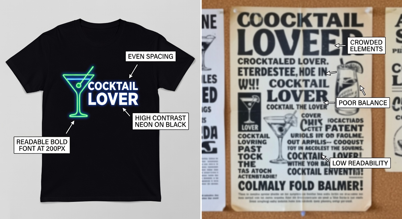 Side-by-side comparison of high-quality vs low-quality cocktail lover designs: left shows crisp retro martini tee thumbnail with labeled callouts for 'even spacing,' 'high contrast neon on black,' 'readable bold font at 200px'; right shows blurry vintage poster with callouts for 'crowded elements,' 'poor balance,' 'low readability' (28 words)