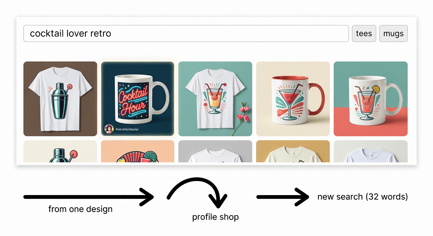 Screenshot-style mockup of marketplace interface: top shows /shop search bar with 'cocktail lover retro' entered and applied filters (tees, mugs); middle displays 6 thumbnail results with creator profile highlighted; bottom shows pivot workflow arrows from one design to profile shop and new search (32 words)