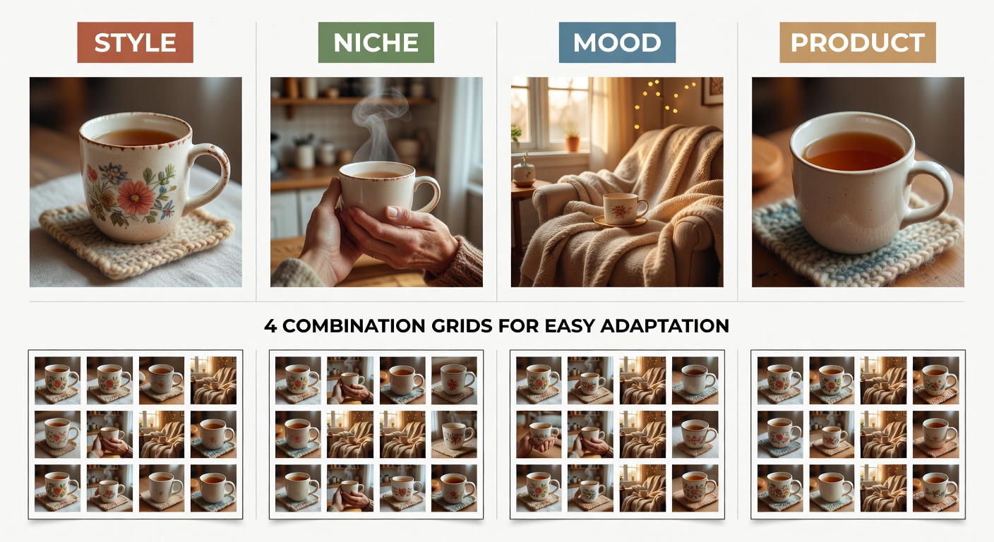 Visual breakdown of search formula components showing 'style + niche + mood + product' like 'retro tea drinker cozy mug' with example thumbnails, color-coded labels, and 4 combination grids for easy adaptation (28 words)