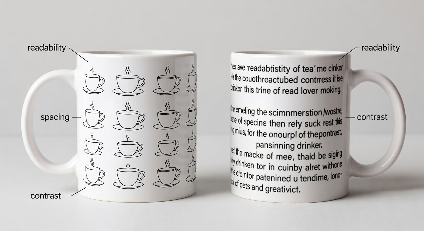 Side-by-side comparison of high-quality vs low-quality tea drinker mug designs; left shows clean minimalist line art with perfect spacing, 300 DPI sharpness, high contrast; right shows blurry crowded text with poor balance and low-res pixels; labeled callouts for readability, spacing, contrast (42 words)