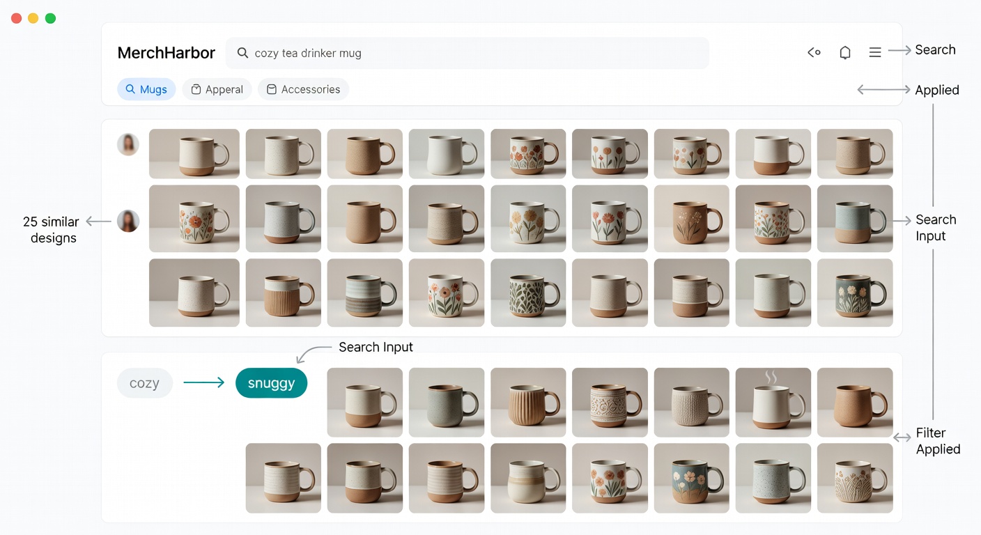 Screenshot-style mockup of MerchHarbor shop interface; top shows search bar with 'cozy tea drinker mug' results filtered by mugs; middle displays creator profile with 25 similar designs; bottom highlights pivot from 'cozy' to 'snuggy' yielding 12 new options; arrows show workflow (38 words)