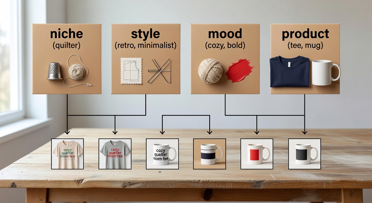 Visual breakdown of search formula components showing four blocks - 'niche (quilter)', 'style (retro, minimalist)', 'mood (cozy, bold)', 'product (tee, mug)' with 6 example combinations like 'cozy quilter mom tee' and arrows to sample design thumbnails (25 words)