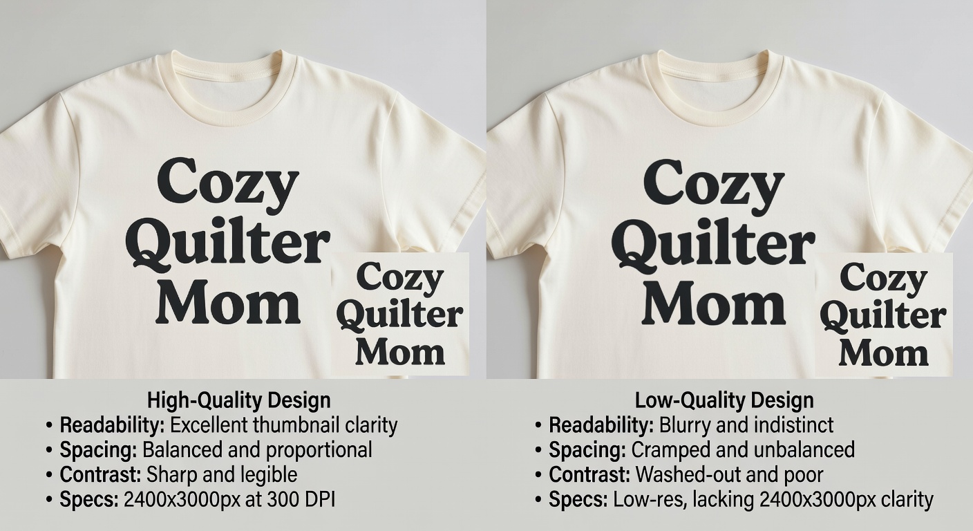 Side-by-side comparison of high-quality vs low-quality quilter tee designs; left: 'Cozy Quilter Mom' with perfect thumbnail readability, even spacing, high contrast at 300 DPI; right: blurry low-res version with cramped text and poor balance; labeled callouts for readability, spacing, contrast, and 2400x3000px specs (38 words)