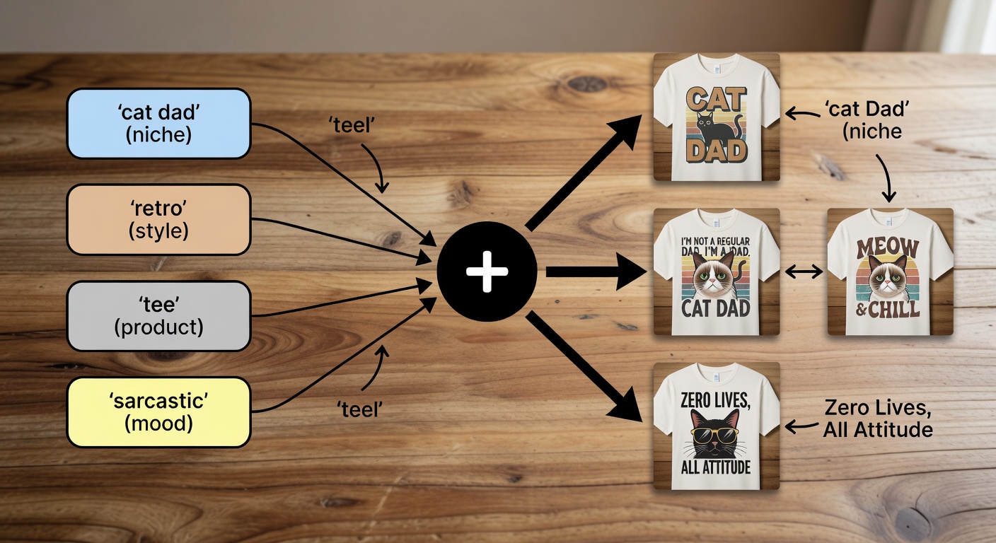 Visual breakdown of a search formula diagram showing components like 'cat dad' (niche) + 'retro' (style) + '<a href=