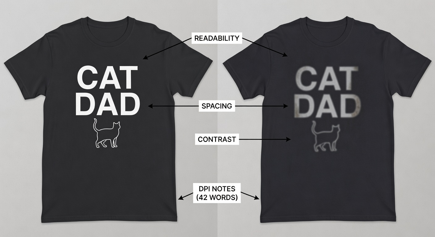 Side-by-side comparison of high-quality vs low-quality 'cat dad' tee designs: left shows clean spacing, high contrast text readable at thumbnail (300x400px), balanced elements; right shows crowded blurry version with poor colors; labeled callouts for readability, spacing, contrast, and DPI notes (42 words)