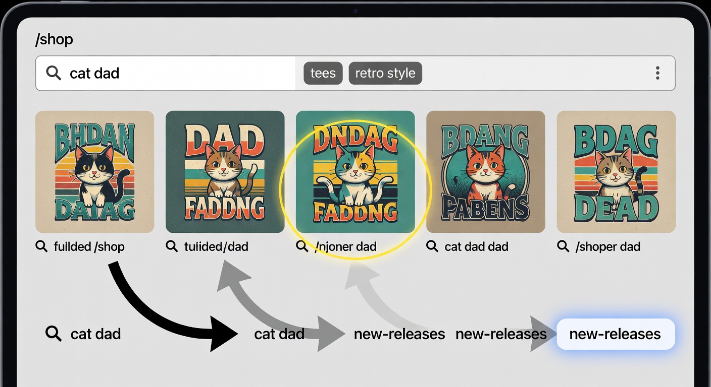 Screenshot-style mockup of marketplace interface on /shop page: top shows 'cat dad' search with filters applied (tees, retro style); middle displays 6 product thumbnails with creator profile link highlighted; bottom shows pivot to new-releases tab, workflow arrows guiding from search to purchase (38 words)