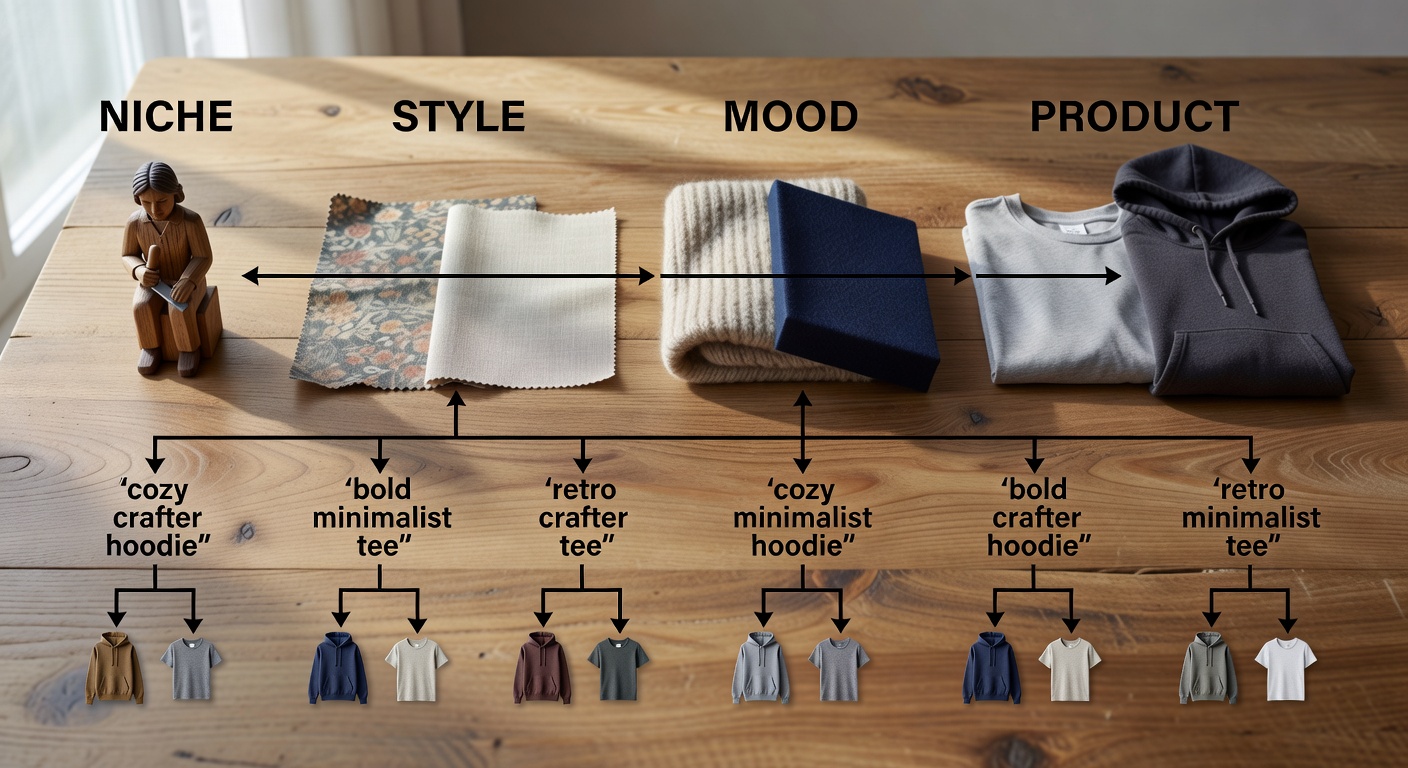 Visual breakdown of a search formula diagram showing four components—niche (crafter), style (retro/minimalist), mood (cozy/bold), product (tee/hoodie)—with 6 example combinations like 'cozy crafter hoodie' and arrows to product thumbnails for quick visual reference (20x20px icons)