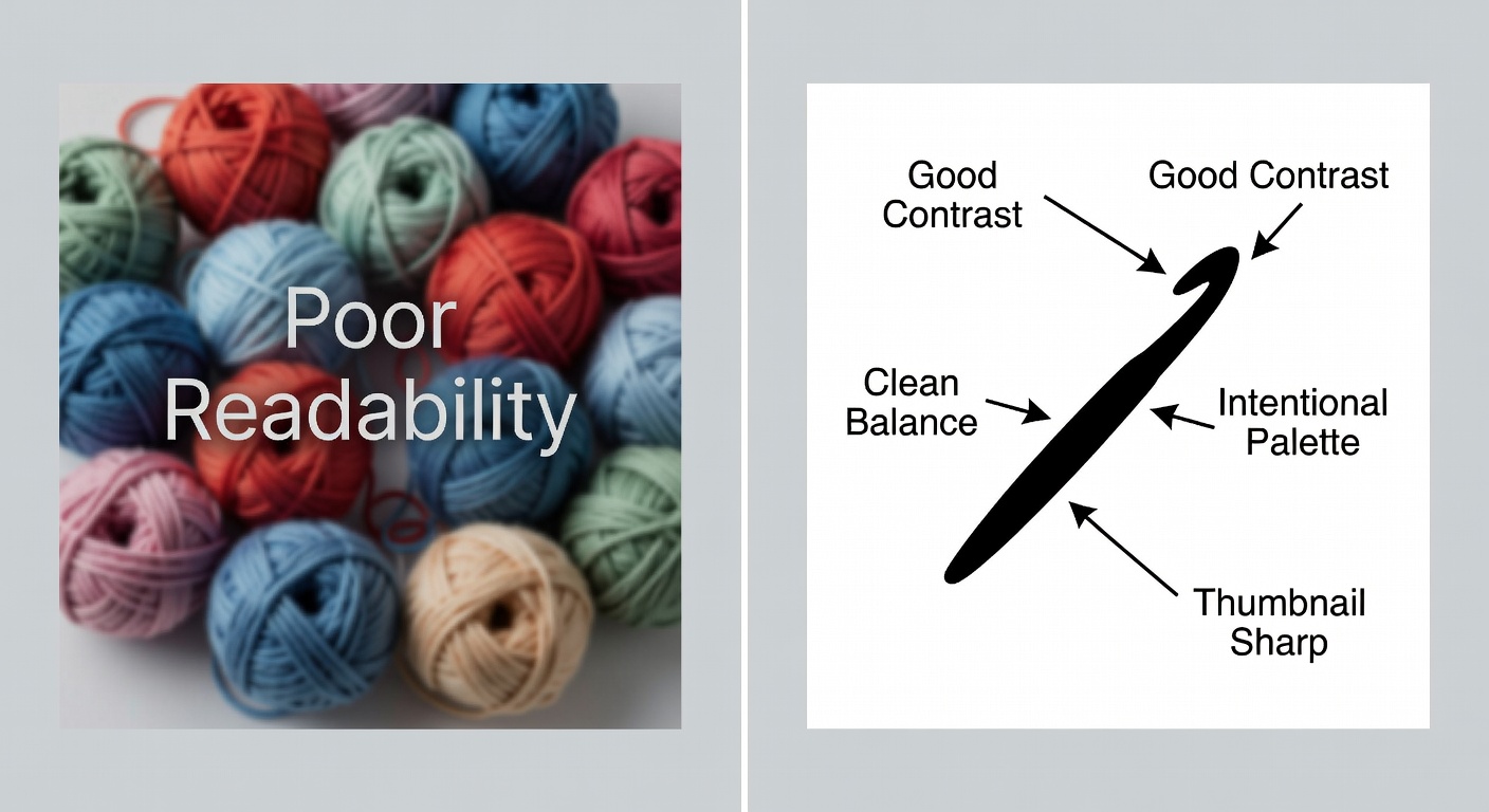 Side-by-side comparison of two crafter tee thumbnails at 300x300px: left low-quality (crowded yarn balls, low contrast gray text, pixelated edges); right high-quality (balanced spacing, bold black crochet hook on white, sharp 300 DPI lines) with 5 labeled callouts: 'Poor Readability,' 'Good Contrast,' 'Clean Balance,' 'Intentional Palette,' 'Thumbnail Sharp'