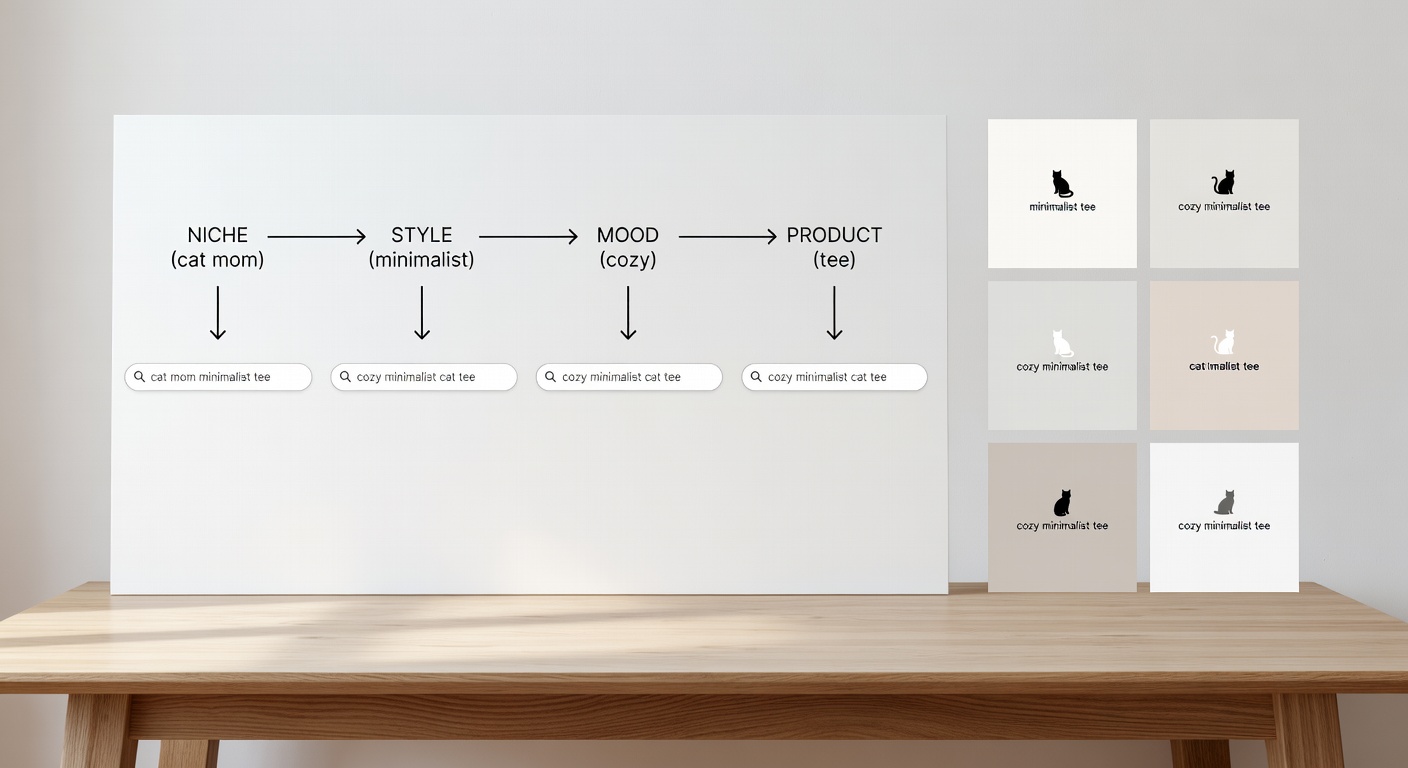 Visual breakdown of a minimalist search formula with labeled components—niche (cat mom), style (minimalist), mood (cozy), product (<a href=