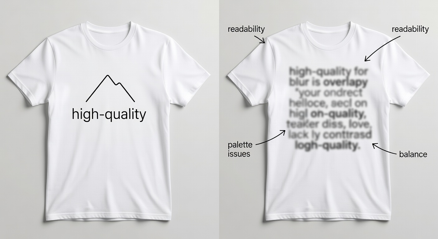 Side-by-side comparison of high-quality vs low-quality minimalist tee designs—left: clean single-line mountain icon with perfect kerning and 4:1 contrast on white tee; right: blurry text cluster with poor spacing; labeled callouts for readability, balance, and palette issues (32 words)