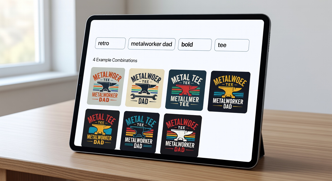 Visual breakdown of a search formula interface mockup showing components like 'retro' (style), 'metalworker dad' (niche + audience), 'bold' (mood), and '<a href=