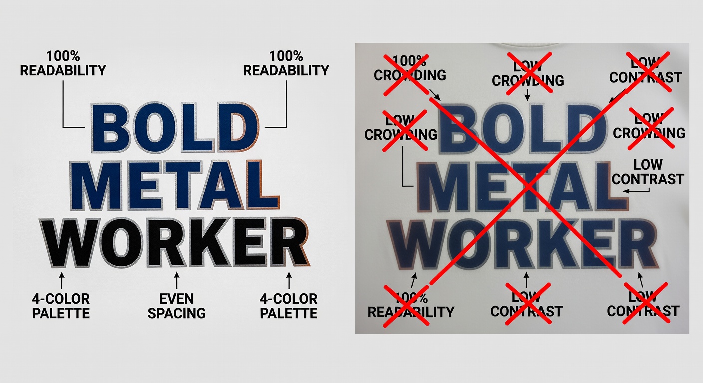 Side-by-side comparison of high-quality vs low-quality metalworker designs: Left shows crisp 'Bold Metalworker' tee thumbnail with labeled callouts for 100% readability, even spacing, and 4-color palette; right shows blurry 'vintage' version with red X's on crowding and low contrast