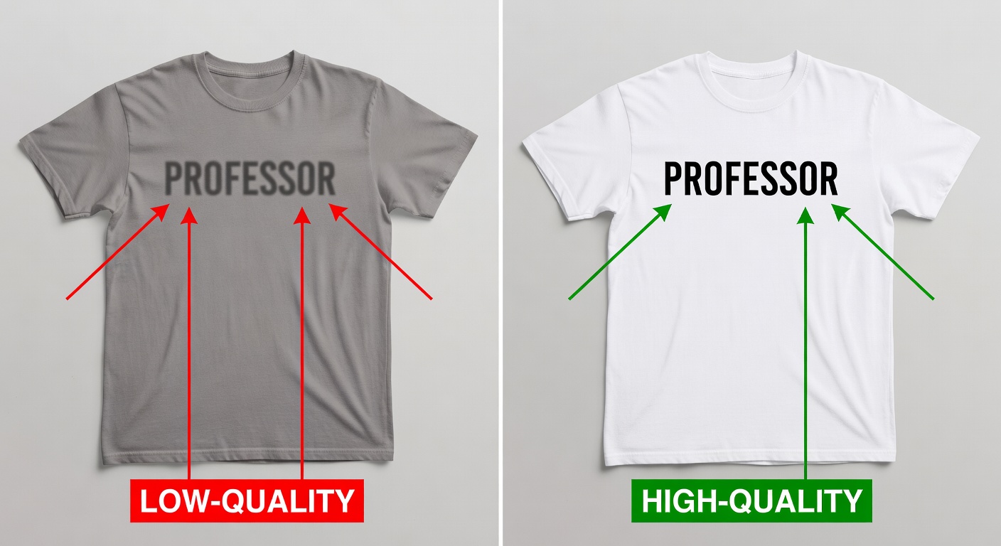 Side-by-side comparison of two professor tee mockups: left low-quality (blurry text, poor spacing, low contrast labeled in red); right high-quality (crisp 2400px text, balanced layout, high-contrast palette labeled in green) with arrows pointing to differences