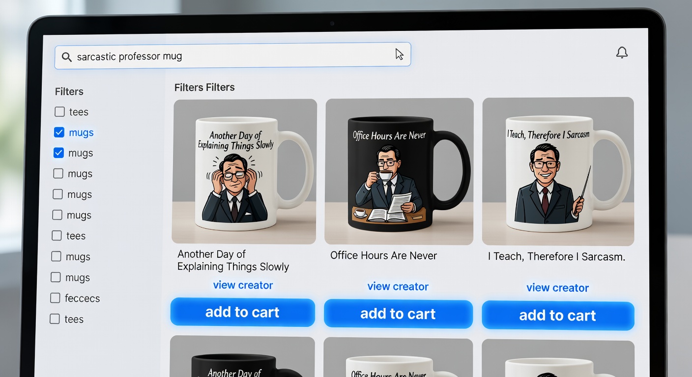 Screenshot-style mockup of shop interface: top search bar with 'sarcastic professor mug', sidebar filters (tees, mugs selected), results grid showing 3 professor designs with 'view creator' and 'add to cart' buttons highlighted