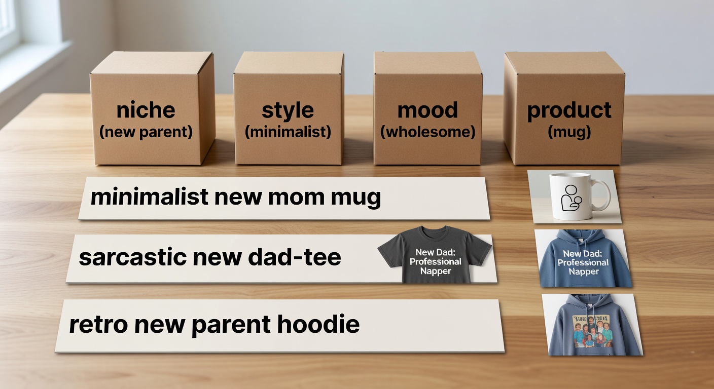 Visual breakdown of a search formula for new parent designs, showing four components in labeled boxes - 'niche (new parent)', 'style (minimalist)', 'mood (wholesome)', 'product (mug)' - with three example combinations like 'minimalist new mom mug', 'sarcastic new dad tee', 'retro new parent hoodie' and thumbnails of results
