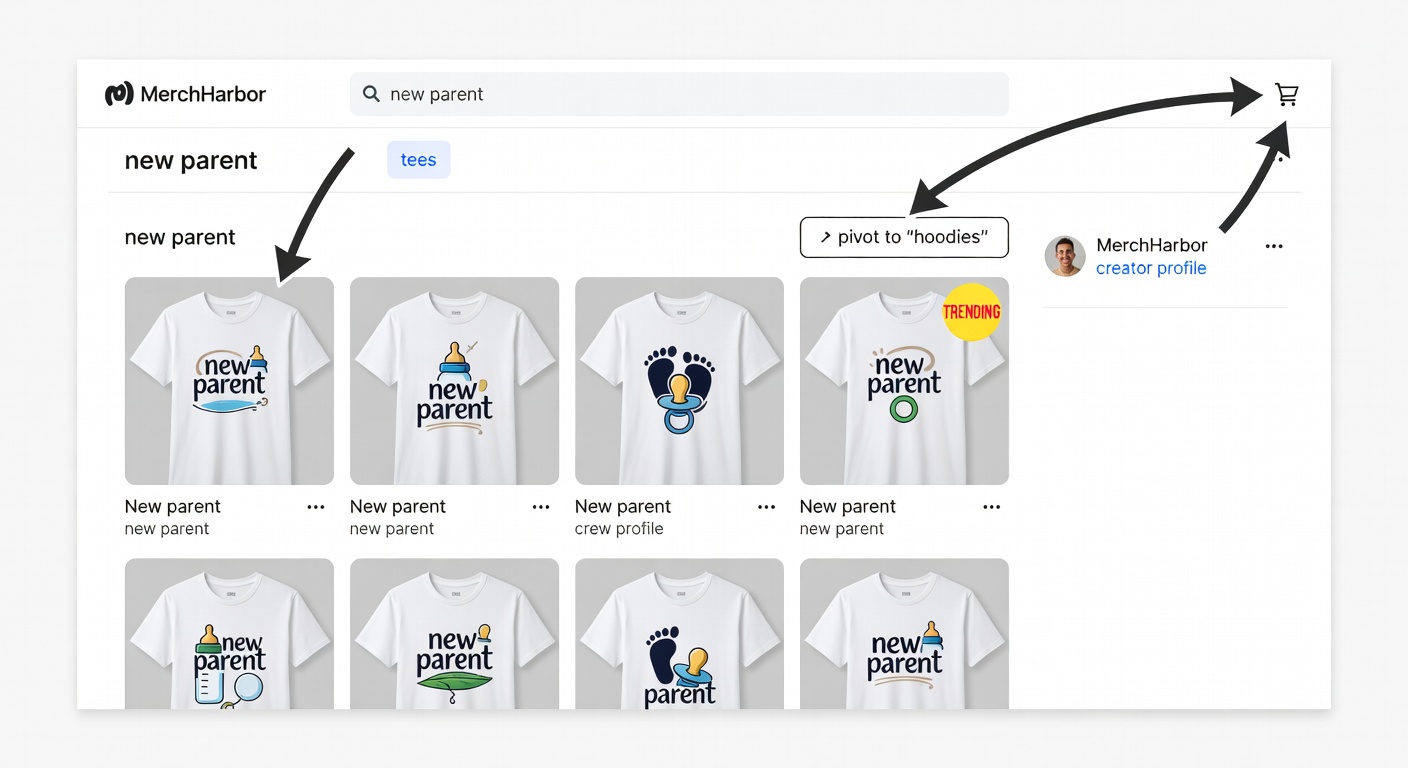 Screenshot-style mockup of MerchHarbor interface: shop page with 'new parent' search results filtered by 'tees', showing creator profile link, trending badge, and pivot to 'hoodies'; workflow arrows from search bar to cart