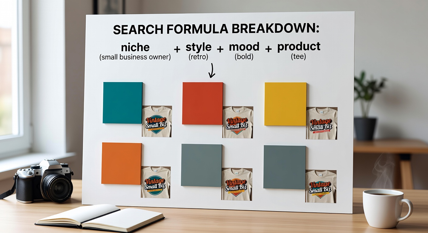 Visual breakdown of a search formula for small business owner designs, showing components like 'niche (small business owner)' + 'style (retro)' + 'mood (bold)' + 'product (<a href=