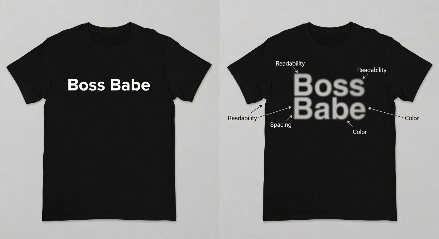 Side-by-side comparison of high-quality vs low-quality small business owner tee designs; left shows crisp 'Boss Babe' text with perfect spacing, 300 DPI contrast palette, and balanced layout; right shows blurry font, crowded elements, low contrast; labeled callouts for readability, spacing, and color (32 words)