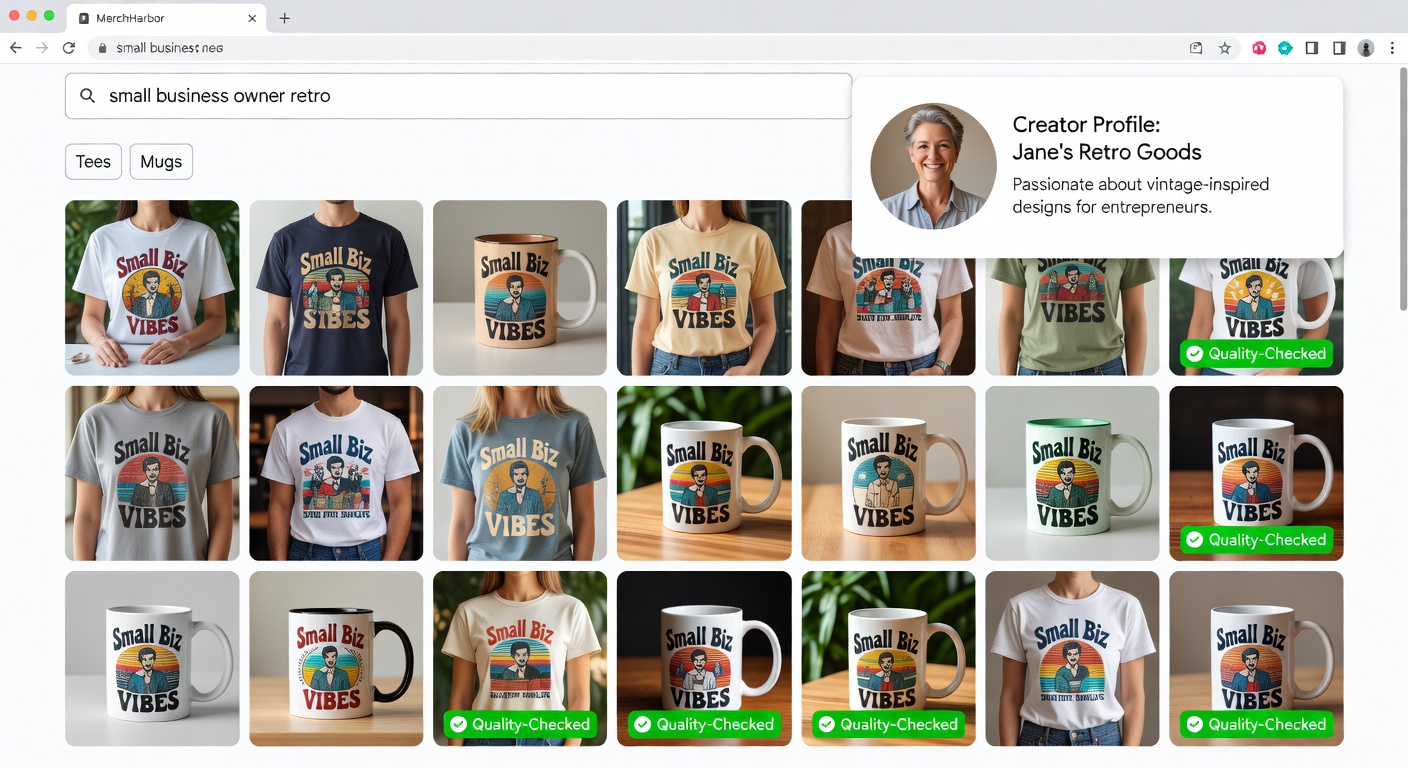 Screenshot-style mockup of MerchHarbor shop interface; shows search bar with 'small business owner retro' entered, filters applied for tees/mugs, creator profile open, and product grid with quality-checked thumbnails highlighted (28 words)