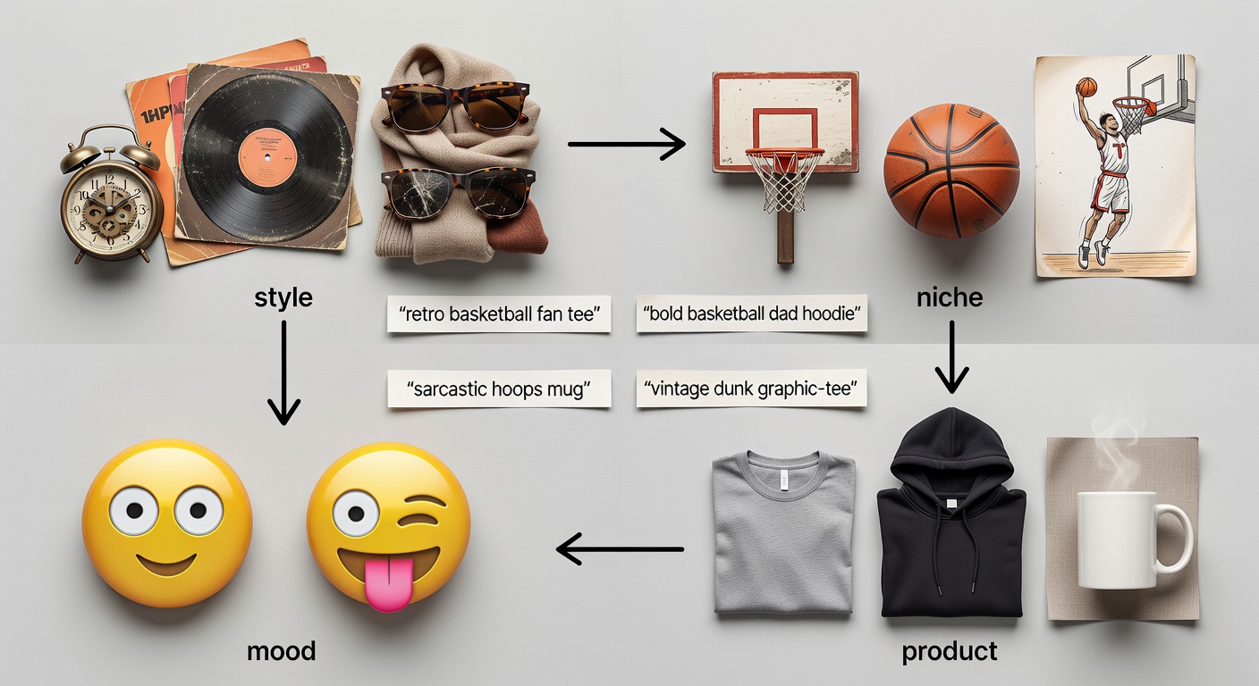 Visual breakdown of search formula components - four quadrants showing style (retro/vintage icons), niche (basketball fan graphics like hoops/dunks), mood (bold/sarcastic emojis), product (tee/hoodie/mug mockups); center with 4 example search bars: 'retro basketball fan tee', 'bold basketball dad hoodie', etc., arrows connecting parts for stacking.