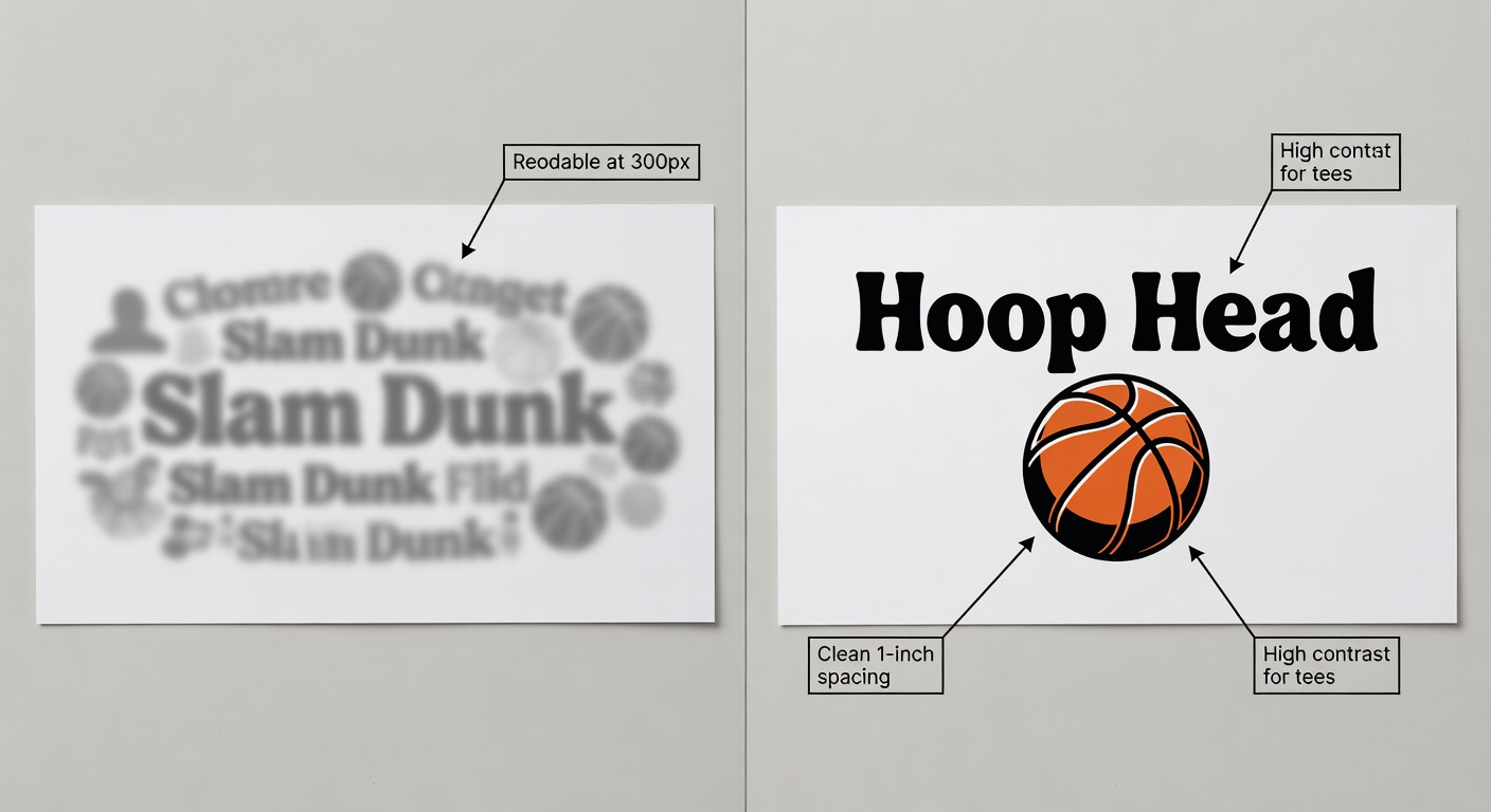 Side-by-side comparison: left low-quality basketball fan design thumbnail (blurry 'Slam Dunk' text, crowded elements, low contrast grays), right high-quality (sharp vintage 'Hoop Head' at 2400x3000px, balanced spacing around basketball graphic, bold orange/black contrast); labeled callouts with arrows: 'Readable at 300px', 'Clean 1-inch spacing', 'High contrast for tees'.