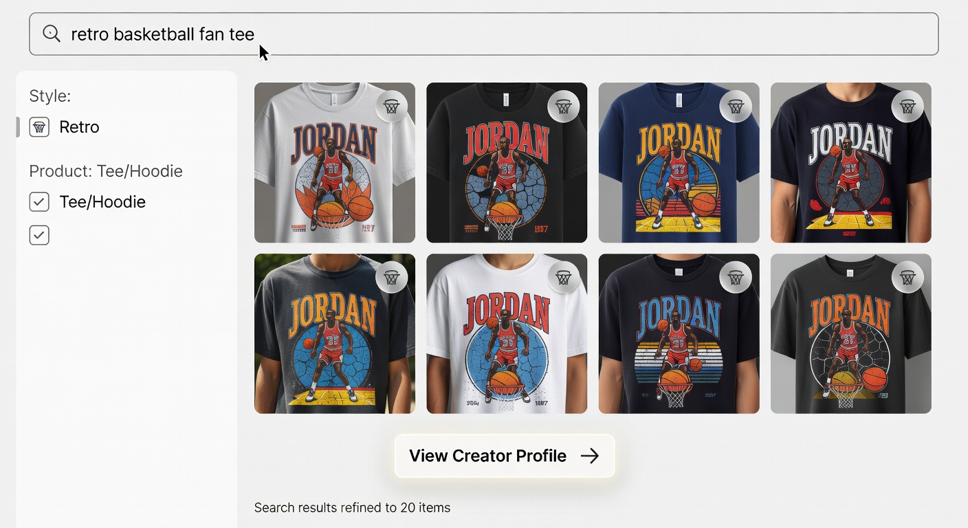 Screenshot-style mockup of shop interface: top search bar entered 'retro basketball fan tee', left sidebar filters expanded (Style: Retro, Product: Tee/Hoodie), center 3x2 grid of sharp thumbnails (vintage dunk tees, creator badges), bottom 'View Creator Profile' button highlighted with arrow, search results refined to 20 items.