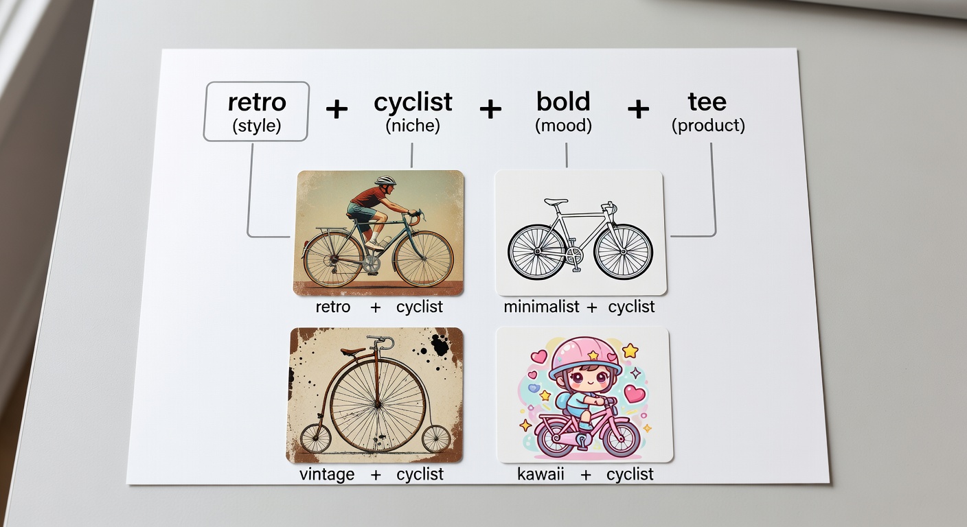 Visual breakdown of a search formula diagram showing components like 'retro' (style) + 'cyclist' (niche) + 'bold' (mood) + '<a href=