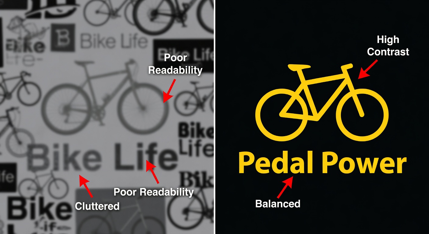 Side-by-side comparison of two cyclist tee thumbnails: left low-quality (crowded elements, low contrast faded bike and unreadable 'Bike Life' text); right high-quality (balanced spacing, bold contrast yellow bike on black, crisp 'Pedal Power' at thumbnail scale) with red arrow callouts labeling 'Poor Readability', 'Cluttered', vs 'High Contrast', 'Balanced'