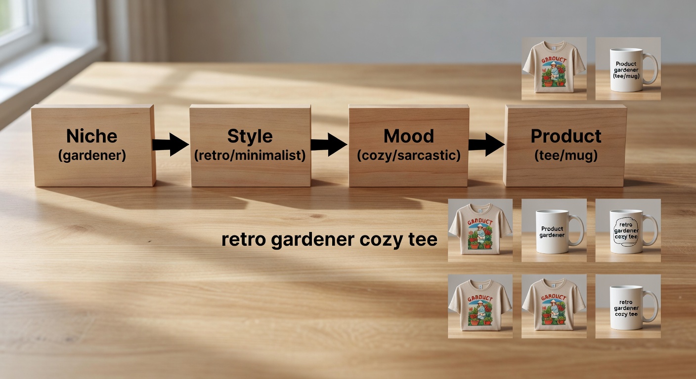 Visual breakdown of a search formula for gardener designs - four connected boxes labeled 'Niche (gardener)', 'Style (retro/minimalist)', 'Mood (cozy/sarcastic)', 'Product (tee/mug)' with example 'retro gardener cozy tee' yielding thumbnail previews of 6 matching designs (20 words)