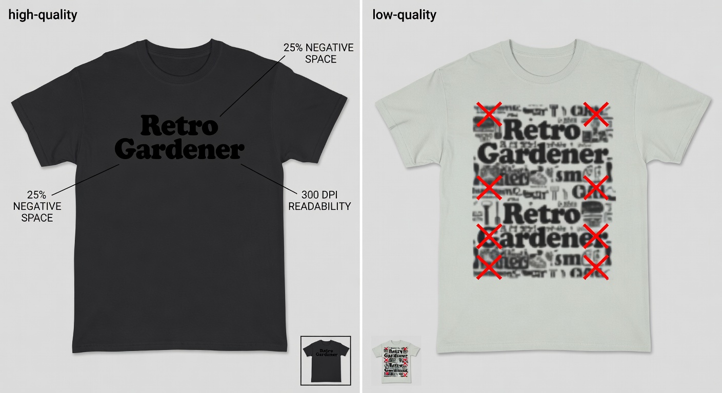 Side-by-side comparison of high-quality vs low-quality gardener tee designs - left: crisp 'Retro Gardener' with labeled callouts for 25% negative space, 300 DPI readability, high contrast; right: blurry crowded version with red X marks; thumbnails at 100px width (32 words)